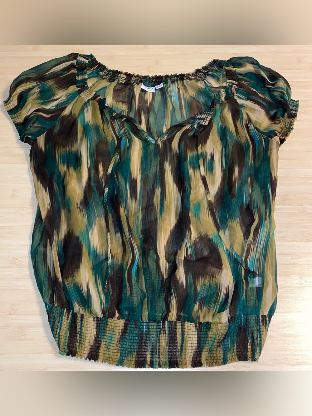 Cato sheer smocked blouse watercolor blue brown teal 18/20 W 2X Shirt